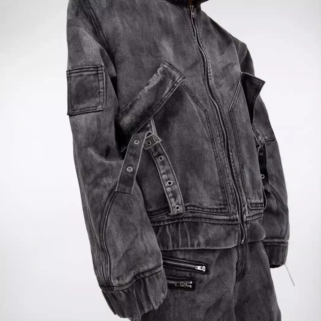 2024 Niche Vintage Distressed Denim Jacket Large Pocket Cargo Pants Casual Loose Fit Zipper Up Terrain Heavy Duty Clothing 250109