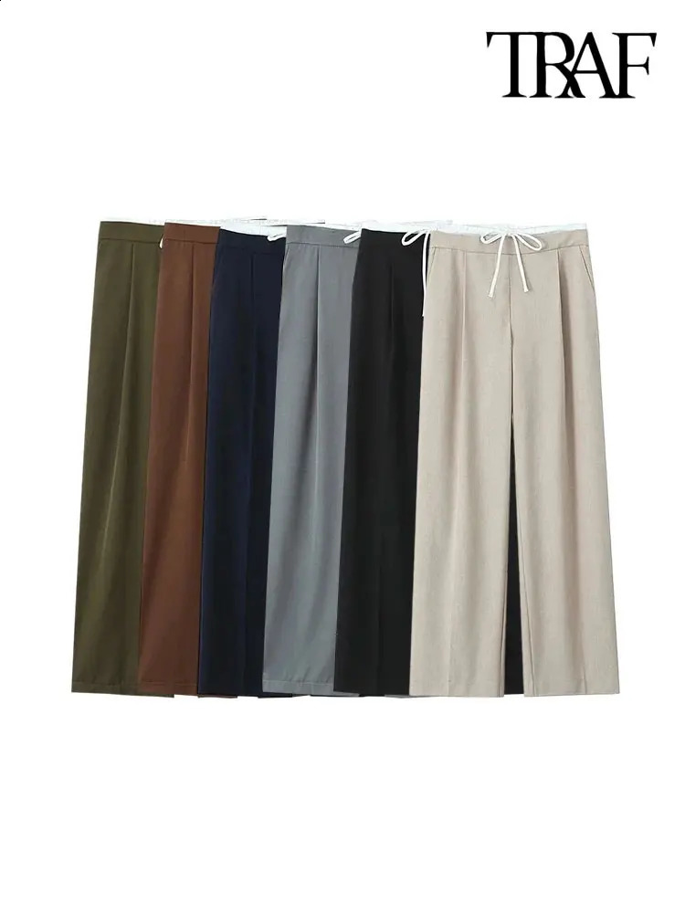 TRAFWomens Double Waistband Wide Leg Pants High Elastic Waist With Drawstring Side Pockets Female Trousers Chic Fashion 250120