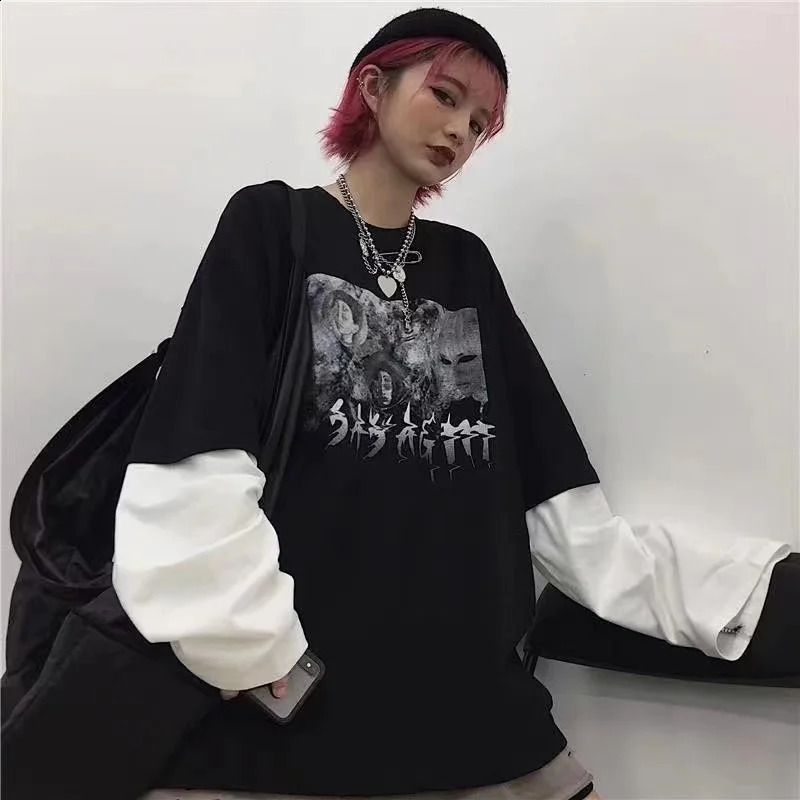 Y2K Emo Men Summer Oversized T-Shirt Korean Harajuku Tshirt Streetwear Dark Academia Hip Hop Alt Long Sleeved T Shirts Clothes 250117