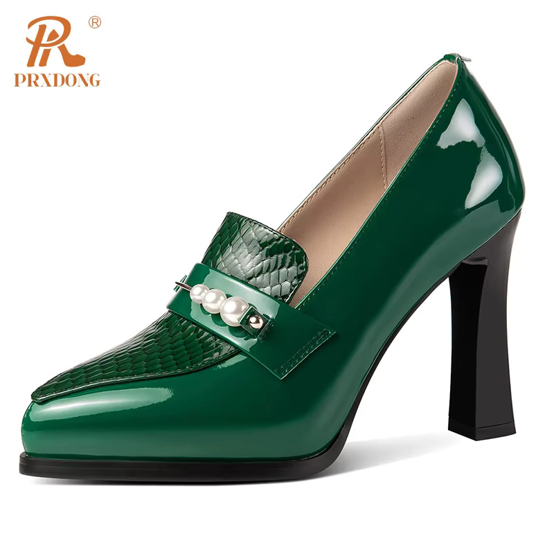 PRXDONG New Fashion Genuine Leather Shoes High Heels Platform Black Red Green Spring Summer Dress Party Office Lady Pumps 34-39