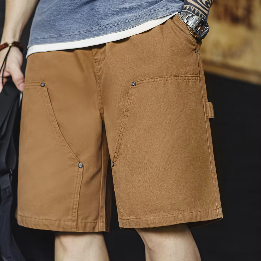 Maden Retro Logging Shorts With Elastic Waist Buttoned Cotton Straight Loose Solid Color Five-Quarter Pants For Men's Summer