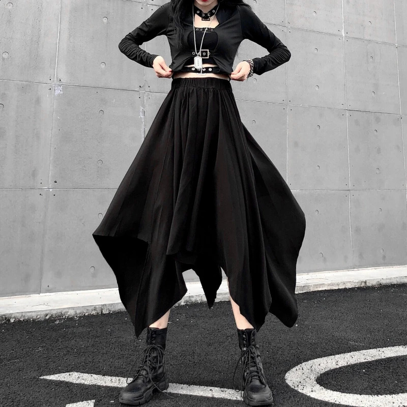 Dark Black Irregular High Waist Skirt Goth Punk Gothic Harajuku Long Vintage korean fashion clothing 250110Z