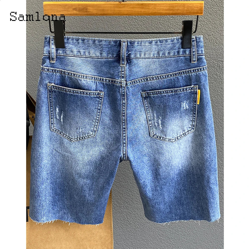 Samlona Plus Size Men Fashion Bottom Mid Waist Crimping Denim Shorts Loose Vintage Hole Ripped Short Jeans Male Summer pants 250121