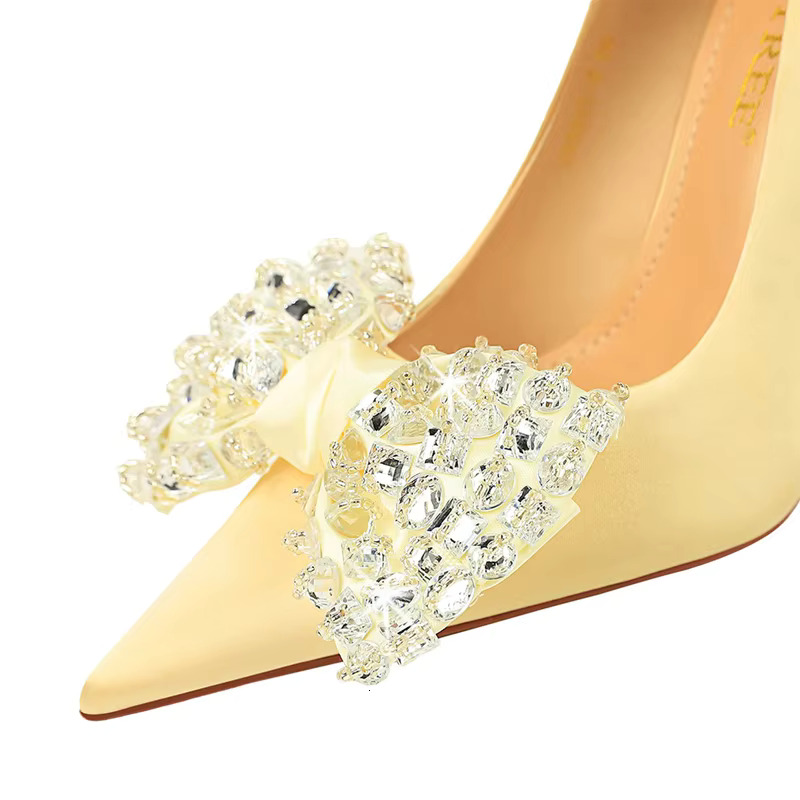 2025 Bow Knot Rhie Women Pumps Large Size 43 High Banquet Stilettos Sexy Party Shoes Design Lady Heels