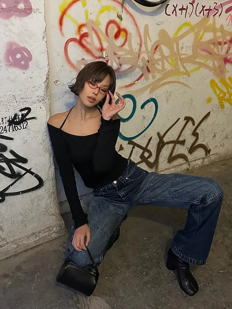 Yedinas Womens Long Sleeve Halter T Shirt Black Slim Clothes Y2K Tees Female Clothing Skinny Streetwear 2000s Tshirts Slim Tops 250109