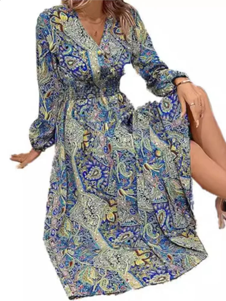 Spring Autumn Boho Floral Print Long Dress Women Sexy Deep V-Neck Long Sleeve A-line Dress Elegant Beach Dresses Vestidos 250122