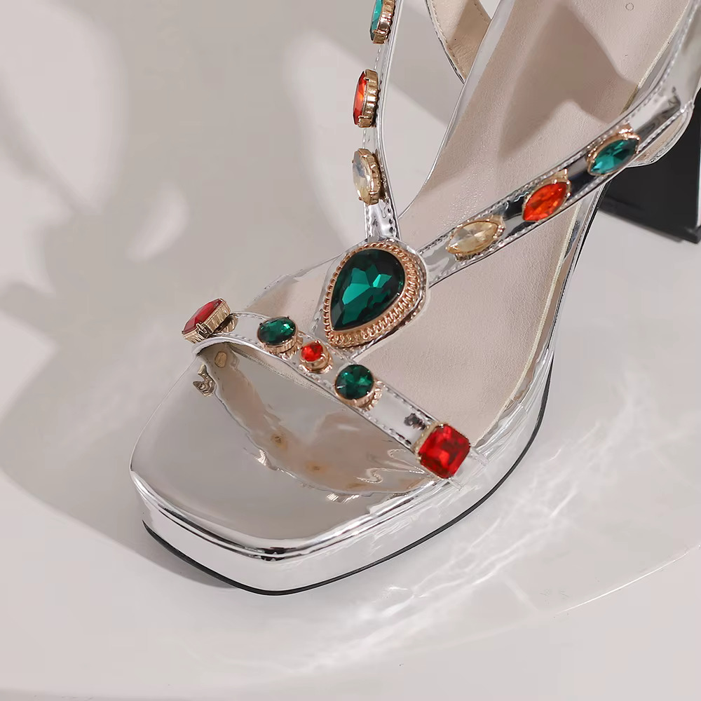Style High-Heeled Platform Sandals Women Colorful Gems Heels 2024 Summer Sier Square Heel Womens Shoes Sandalias Mujer