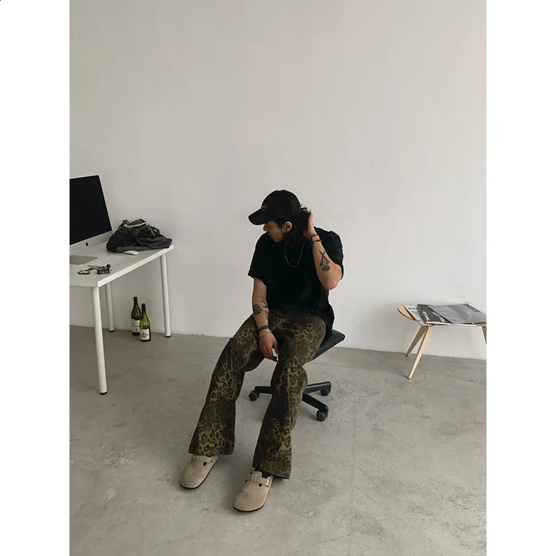 Spring Autumn Fashion High Waist Leopard Jeans Mens Clothing Casual Loose All-match Wide Leg Trousers Korean Trend Pants 250120