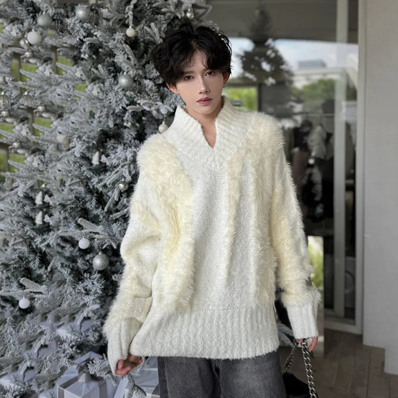 IEFB Niche n Mens Sweaters Vneck Patchwork Contrast Color Loose Pullovers Winter Trendy Male Knitting Top Chic 9C8395 250121