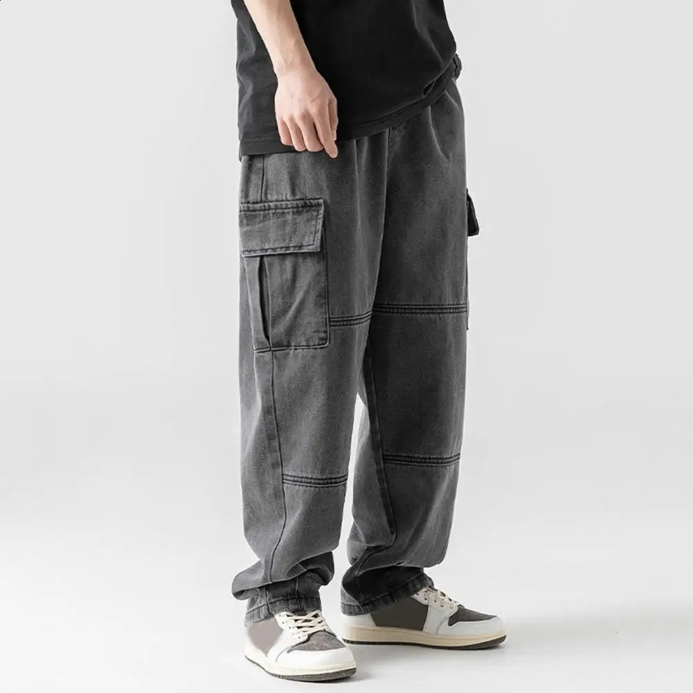 Denim Pants with Drawstring Mens Adjustable Drawstring Denim Pants with Pockets Loose Fit Washed Fabric for Style for Everyday 250120