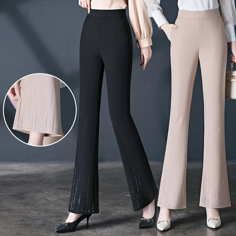 Spring Micro La Casual Pants Womens Elastic Waist High Diamond Temperament Middle aged Mom Trumpet Fishtail Pant 250108