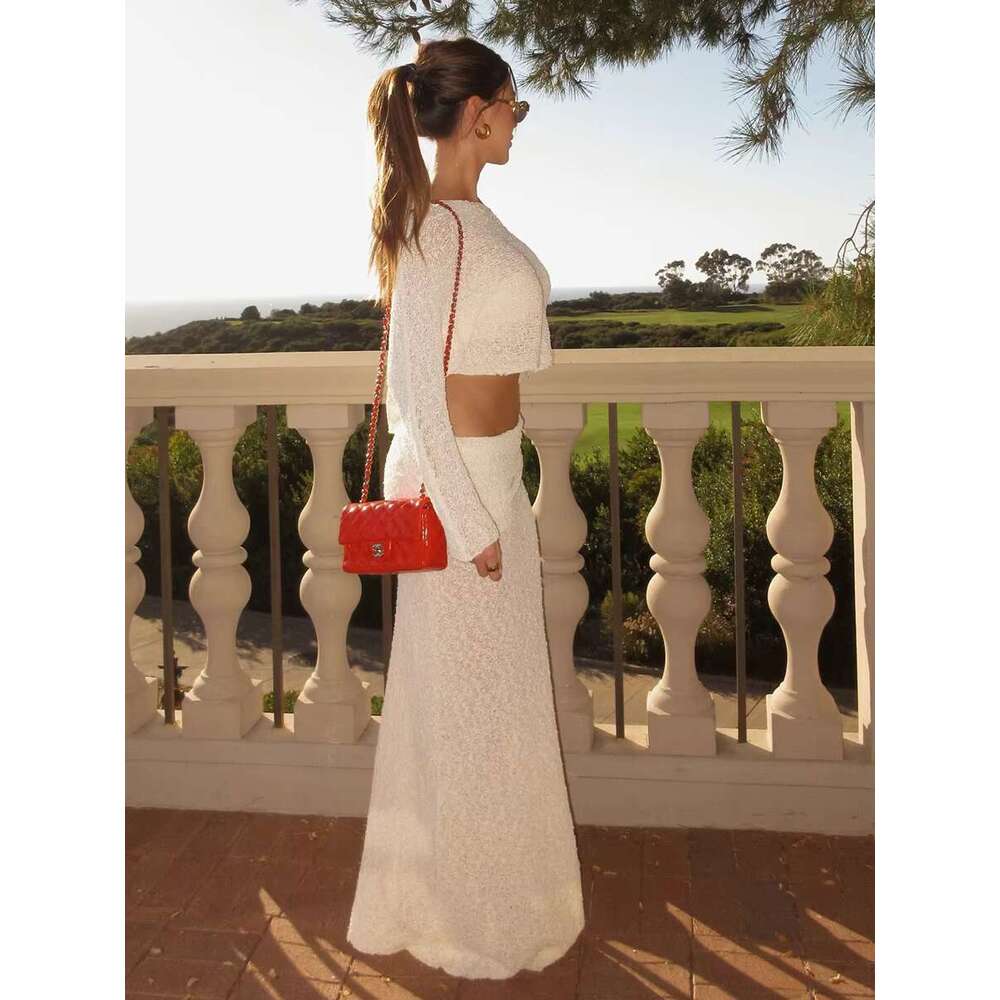 Solid Folds Knitted Sheer 2 Piece Set Skew Collar Long Sleeve Cropped T-Shirt+Long Skirts Elegant Fashion Women's Suits 2025 New