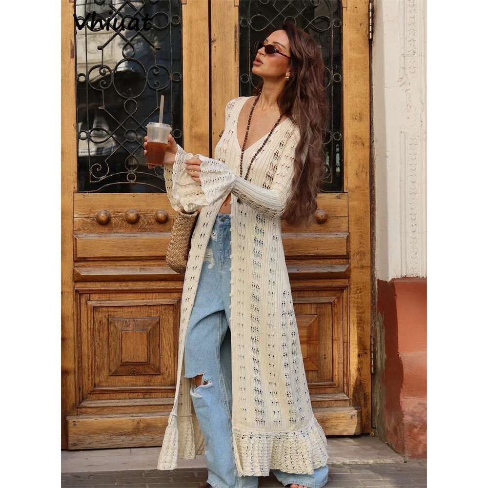 Vhiuat Knitted Sleeve Casual Party Long Flare Dresses For Women Chic Slim Hollow Out Beach Holiday Dress Autumn 2025