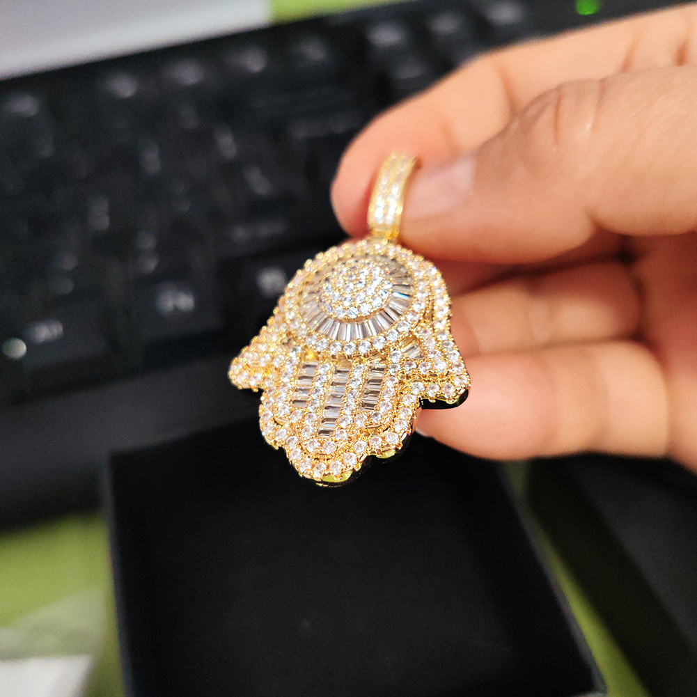 Hip Hop Vintage Hand Pendant Necklace Full 5A Zircon Gold Plated Women Men Jewelry Gift