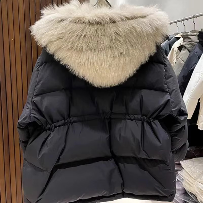 2024 New Winter Down Jacket Women Warm Oversized Real Natural Fox Fur Collar Hooded Waistband Puffer Feather Coats