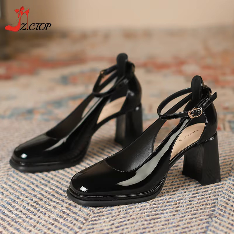 Black Ankle Strap High Heels Women Pumps Summer Fashion Chunky Heeled Mary Jane Closed Toe Sandals Ladies Beige Party Shoes