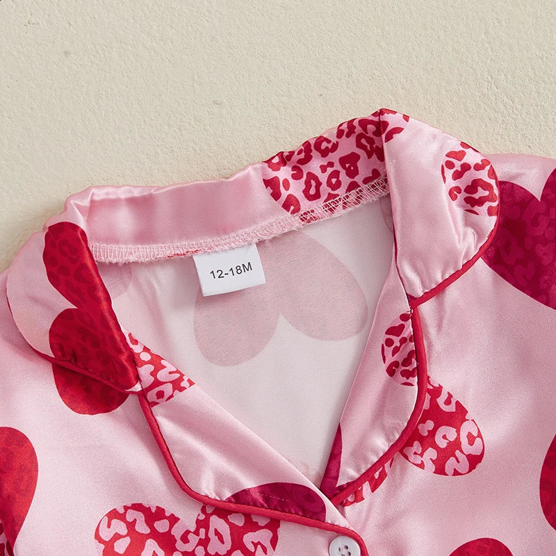 Valentines Day Children Kids Girls Pajama Sets Heart Print Feather Long Sleeve Button Shirts Elastic Waist Long Pants Outfits 250121