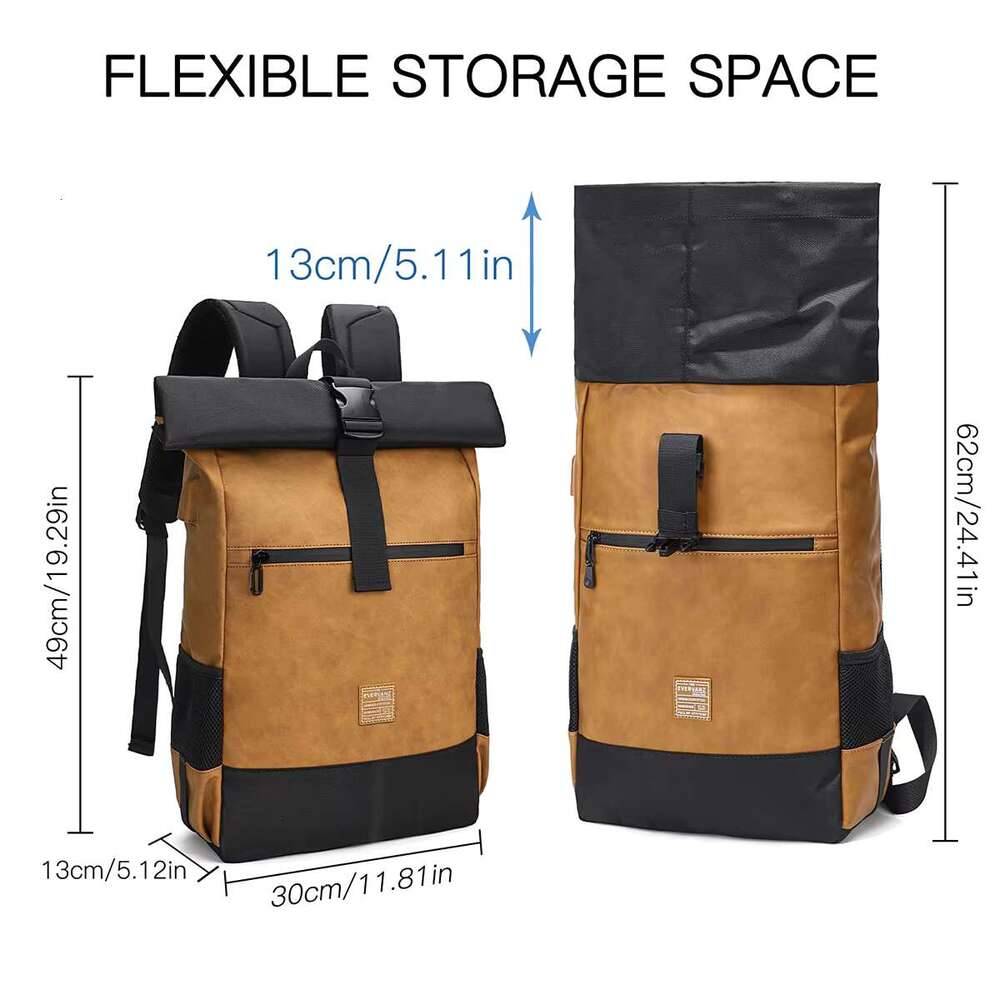 Evervanz Men Women Rolltop Leather And Polyester Laptop Backpack 17 Inches Large School Bag With USB Charging Port