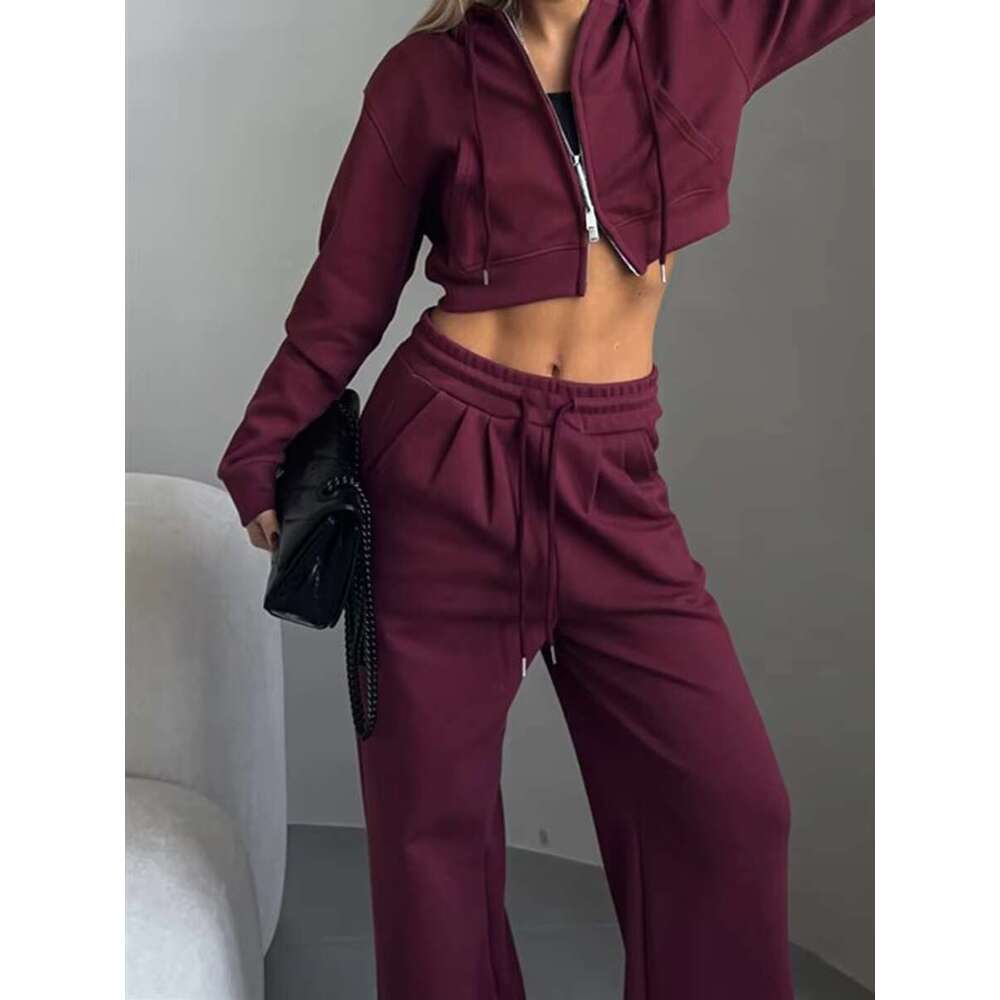 Solid Casual 2 Piece Set Women Long Sleeve Zipper Cropped Hooded Jacket+Drawstring Sweatpant Streetwear Fashion Sport Pants Sets