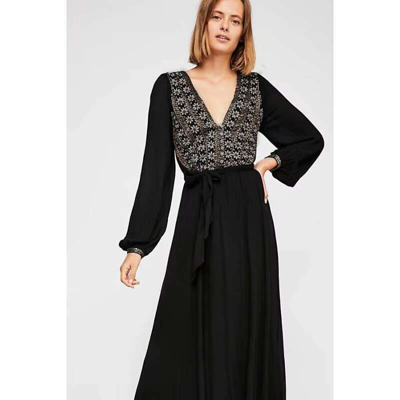 Bohemian Free Style Black Long-Sleeved Embroidery Maxi Cotton Open Back People Chic V Neck Beach Dress