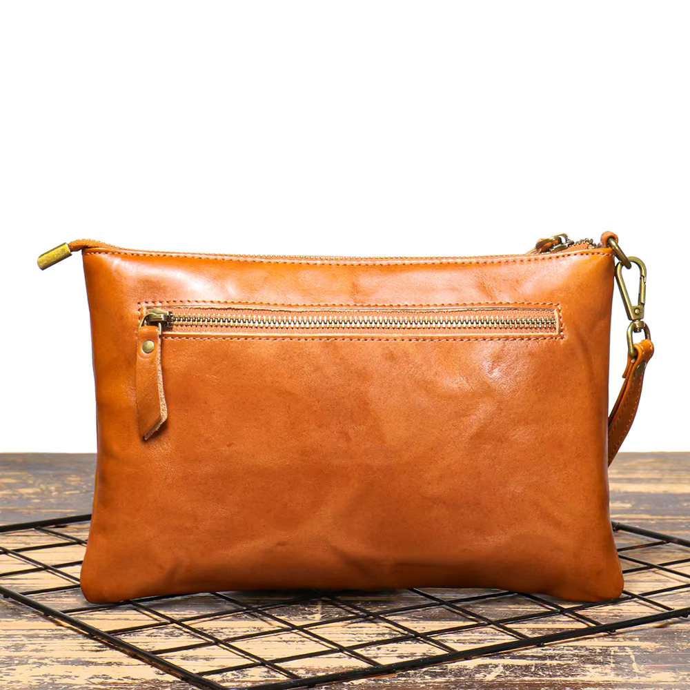 Vintage Men's Clutch Handbag Handmade Vegetable-Tanned Leather Document Top Grain Cowhide Ipad Simple Wrist Bag
