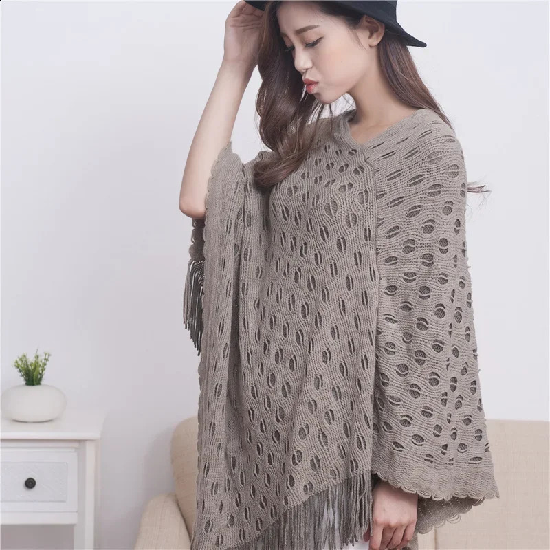 Spring Autumn Double-layer Irregular Shawl Hollowed Out Tassel Lattice Cloak Versatile Loose Pullover Poncho Black 250121