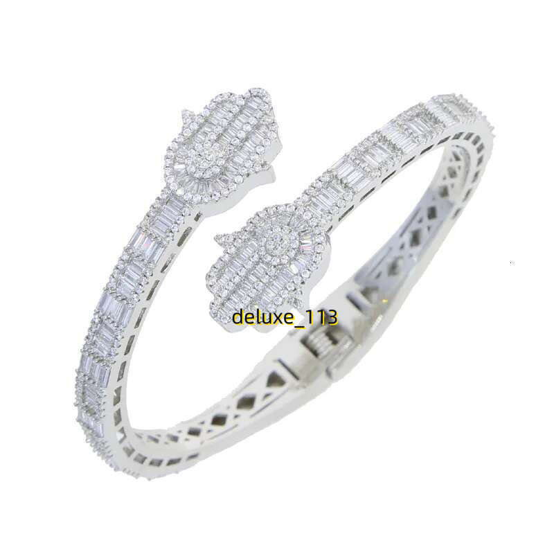 Iced Out Bg CZ Custom Opened Square Cubic Moissanite Paved Hamsa Hand Charm Bracelet Bangle Hip Hop Sparking Jewelry