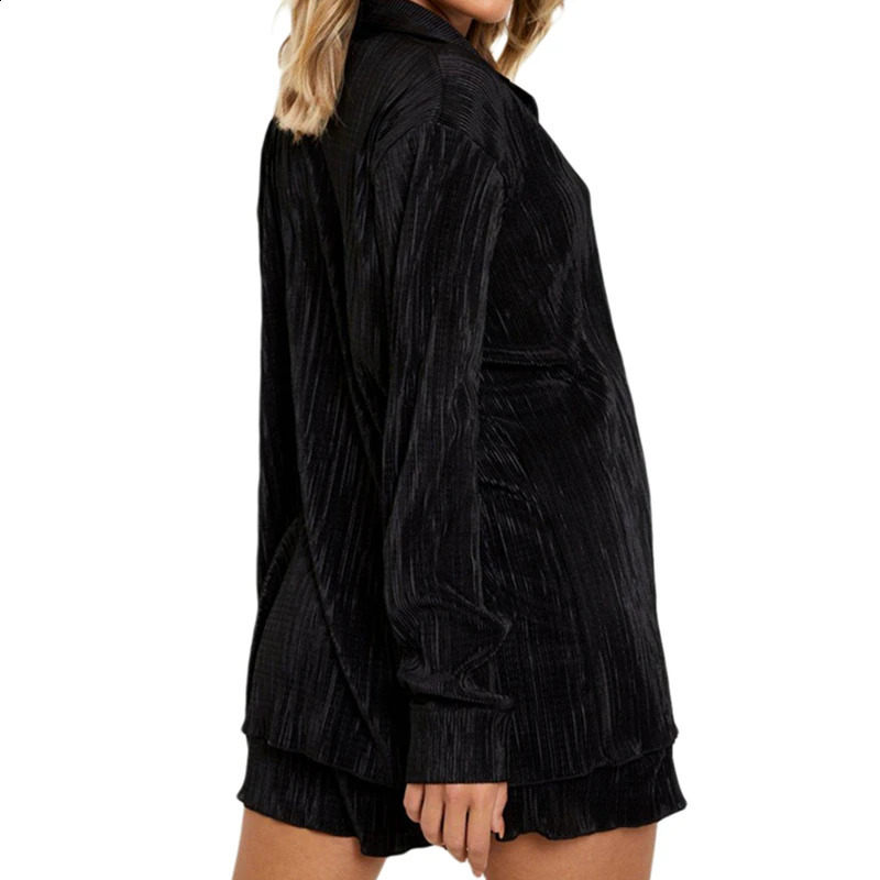 Pleated Shorts Set 2 Piece Outfits for Women 2000s Aesthetic Ruched Long Sleeve Button Down Shirt Tops and Shorts y2k Clothing 250113