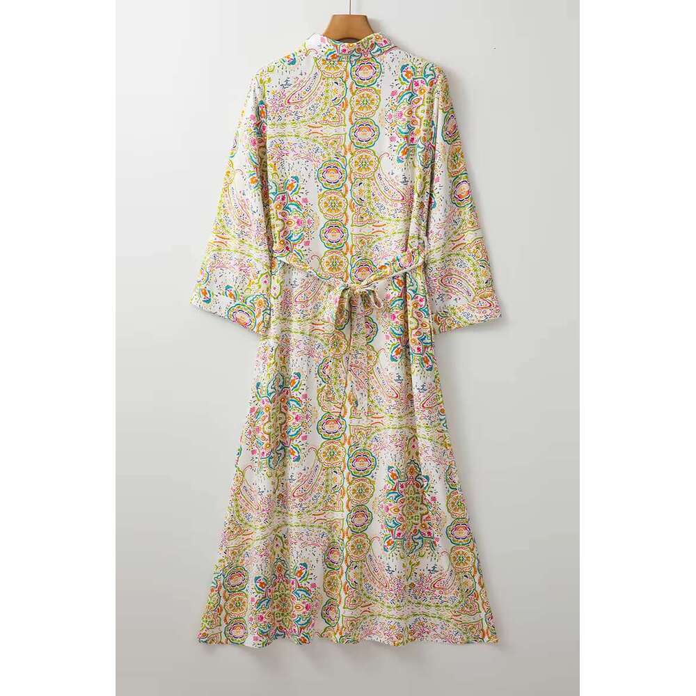Boho Maxi Flare Sleeve Printing Dress 100% Viscose Ral Holiday Dresses Mujer Vestidos Loose Vacation Robes