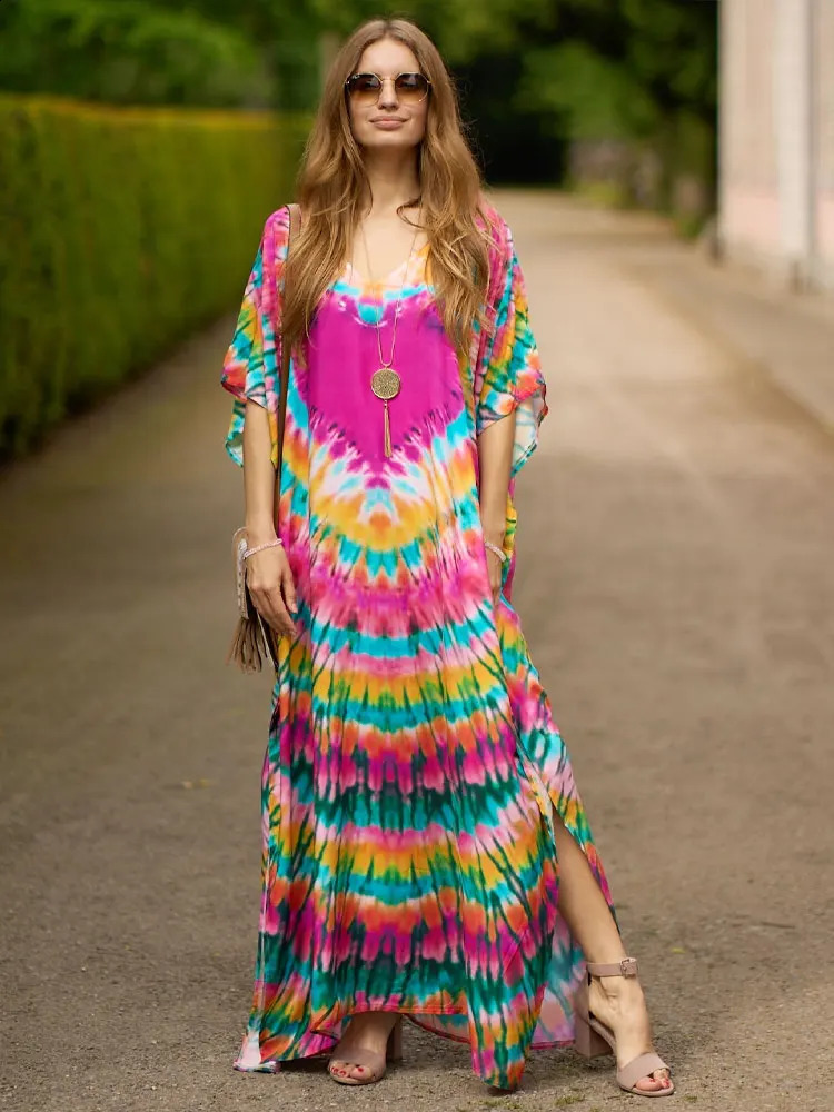2024 Boho print bikini top sexy batwing sleeve long skirt Morocco Kafotan womens beach wear swimsuit Q1450 250122