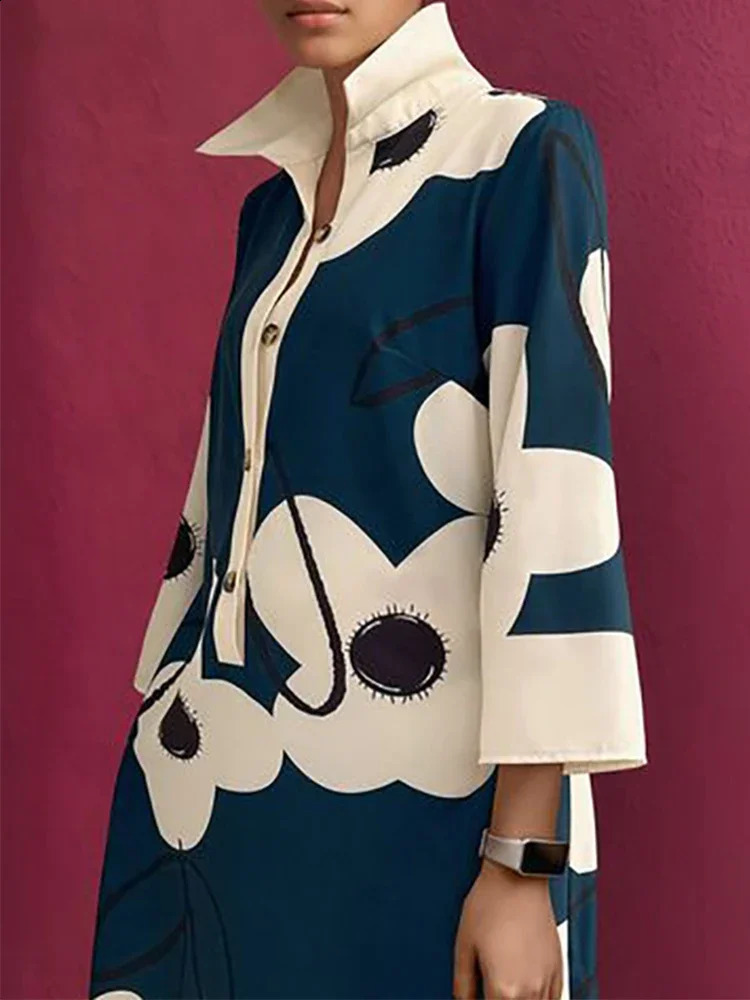 Yeezzi 2025 Women Floral Printed Elegant Evening Dresses Spring Long Sleeves Loose Urban H-line Lapel Shirts Mini Dress 250122