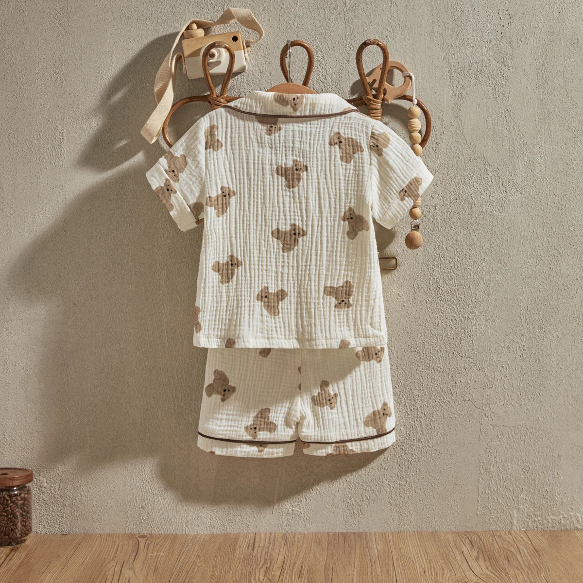 EWODOS 1-6 Years Toddler Baby Kid Unisex Casual Pajama Suit Cartoon Bear Print Short Sleeve Front Pocket Lapel Tops Shorts 250121