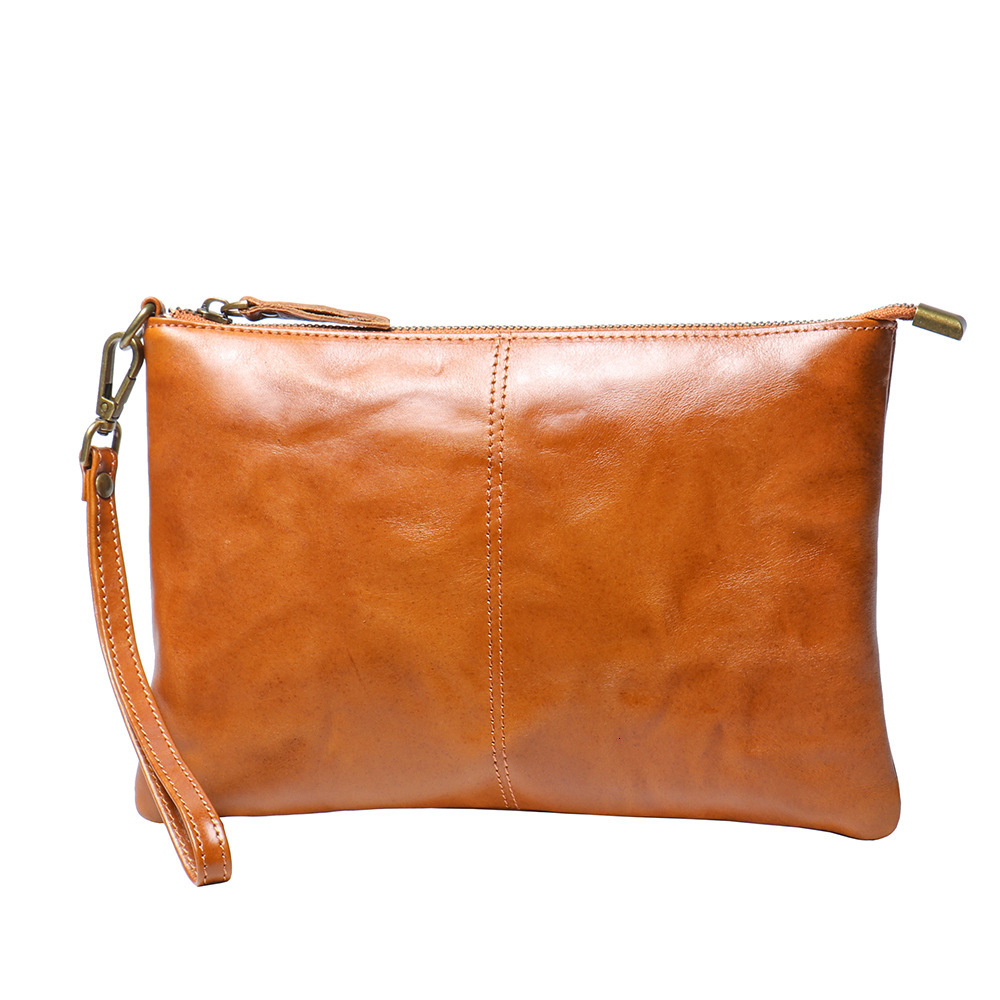 Vintage Men's Clutch Handbag Handmade Vegetable-Tanned Leather Document Top Grain Cowhide Ipad Simple Wrist Bag