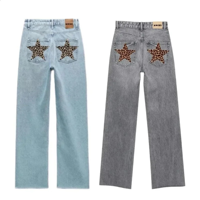 Five-pointed star leopard print pattern embroidered high quality jeans for women Y2K American winter warm oversized sweatpants 250118