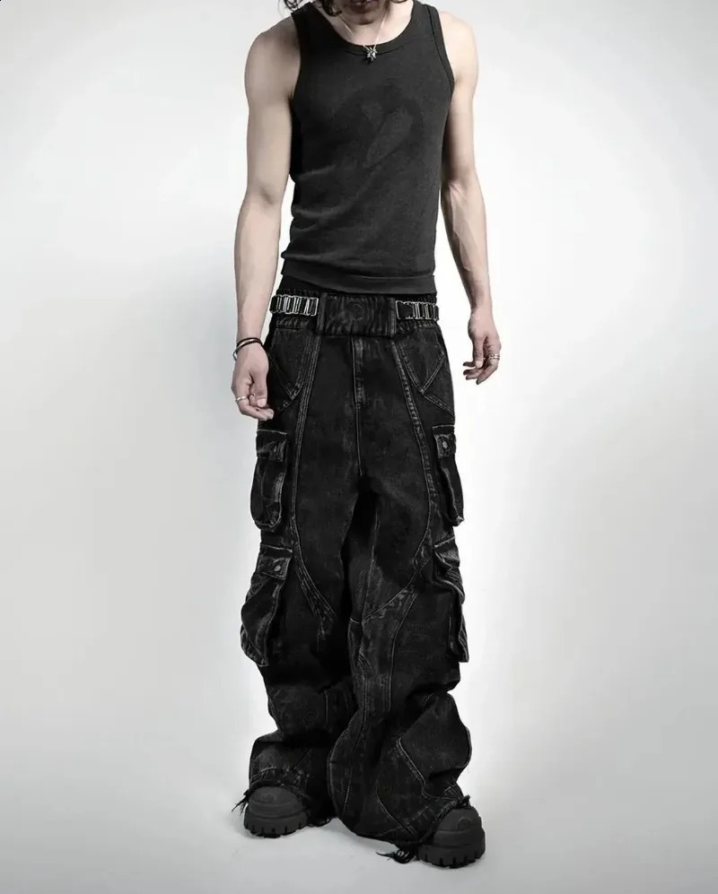 American Heavy Industry Y2K Pocket Baggy Jeans Men Retro Street Hip Hop Washed Loose Harajuku Casual High Waist Wide Leg Jeans 250116