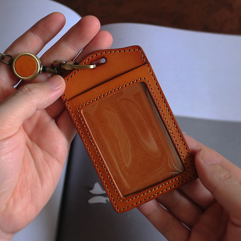 Vertical Identity Badge Holder Neck Lanyard For Office Work Genuine Leather ID Bus Card Set Elastic Easy Pull Buckle Tag 250120