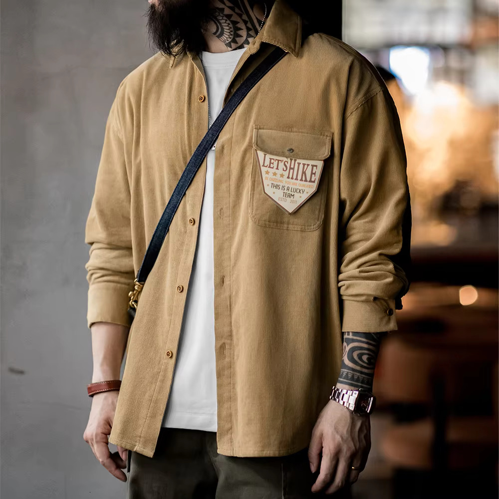 Maden Retro Corduroy Patchwork Long-Sleeve Casual Turn-Down Collar Single-Breasted Cotton Shirt Classic Men's Fall Jacket
