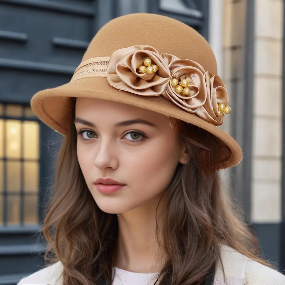 Autumn and winter woolen top hat womens British Hepburn style fisherman rose flower elegant fashionable versatile 250118