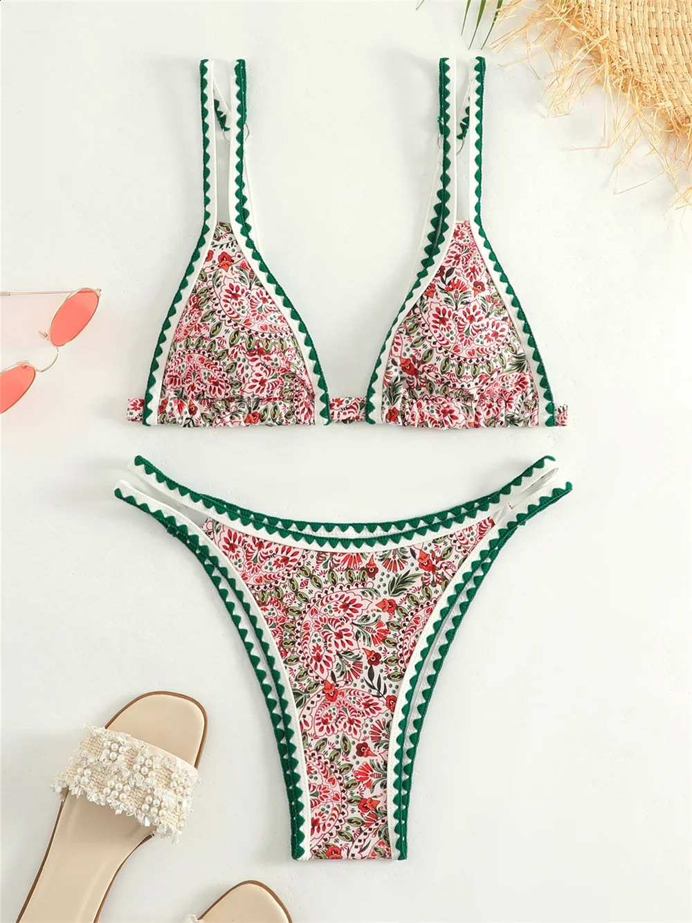 Trend Print Bikini Bordered Straps Swimsuit Thong Push Up Y2K Boho Swimwear Kawaii Women Two Piece Brazil BeachWear Bathing Suit 250118