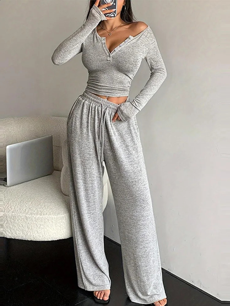 Women Two Piece Sets Pajama Set Sexy V-neck Long Sleeve Shirts Loose High Waist Wide Leg Pant Sets Lady Sleepwear Tracksuits 250120