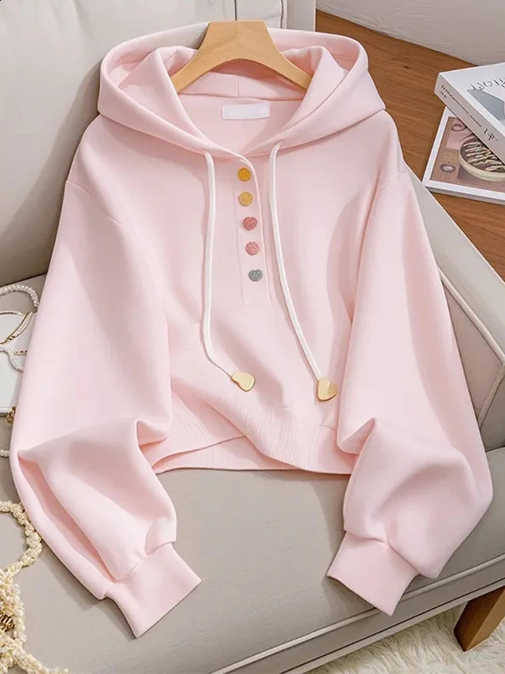 Zoki Sweet Pink Hoodies Women Fashion Elegant Long Sleeve Sweatshirts Korean Loose Casual Buttons Female Preppy Style Top Spring 250109