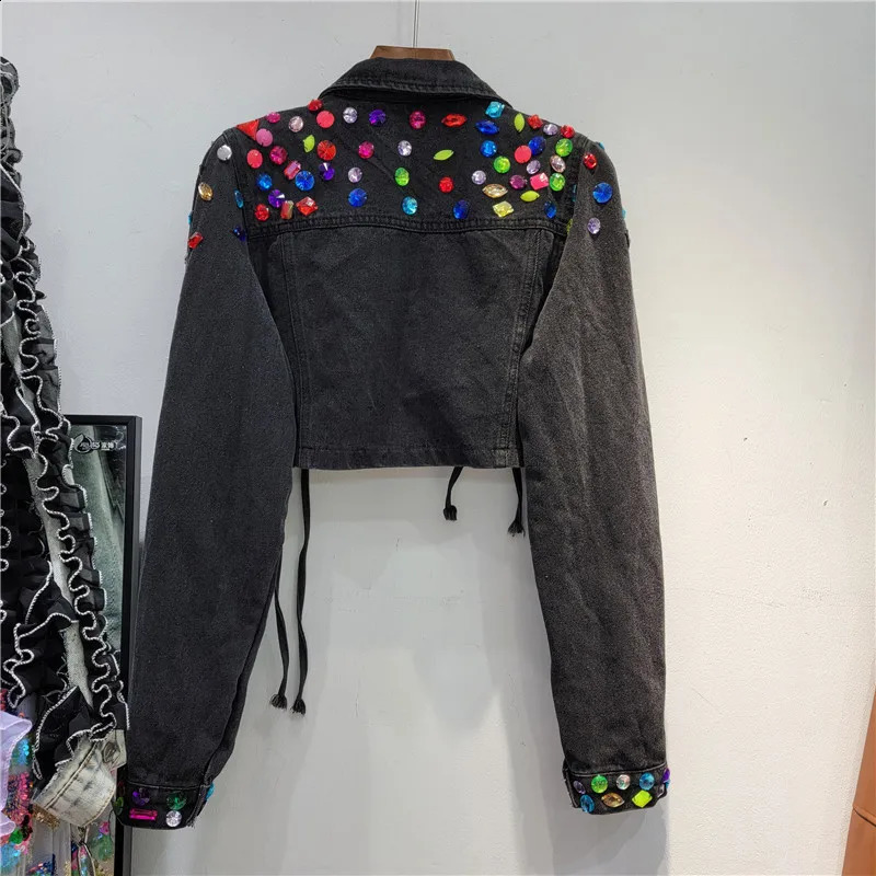 Heavy Work Diamonds Black Denim Jacket Women Slim Extra Short High Waist Cow Outerwear Manual Drawstring Jeans Jacket Female 250116