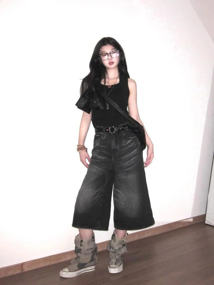Retro Y2k Baggy Jorts Women Men Whiskers Black Jeans Low Waist Casual Wide Pants Frayed Denim Shorts 250122