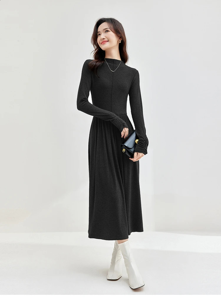 SENTUBILA Women Knitted Dresses Winter Knitwear Long Sleeve A-line Elegant Black Midi Dress Womans Clothes 144L58348 250122