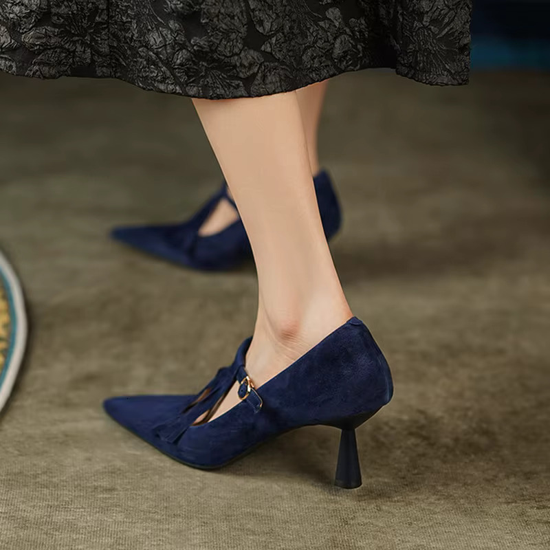 2023 Spring Women's Pumps Sheep Suede High Heels Pointed Toe Chunky For Women Thin Heel Mary Janes Tassel Party Shoes