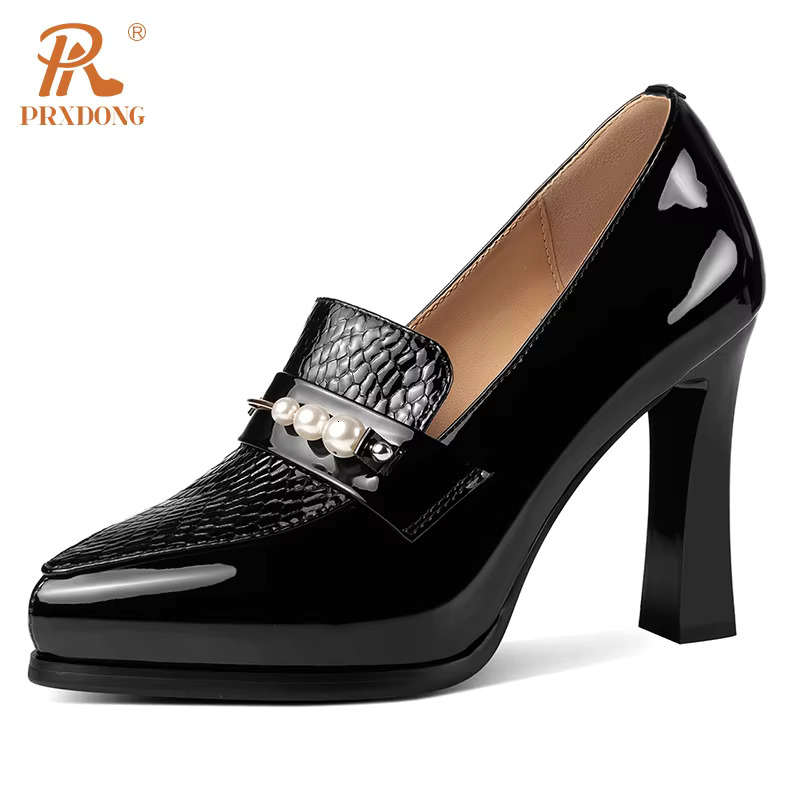 PRXDONG New Fashion Genuine Leather Shoes High Heels Platform Black Red Green Spring Summer Dress Party Office Lady Pumps 34-39