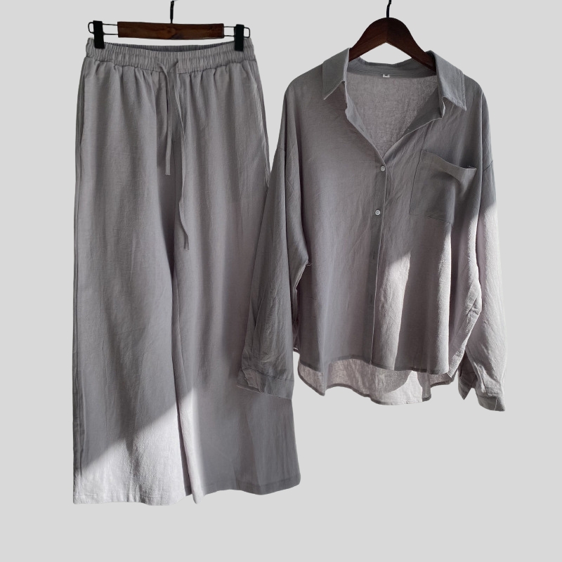 New best-selling 2-piece set retro plus size cotton and linen shirt set, high waist loose trousers