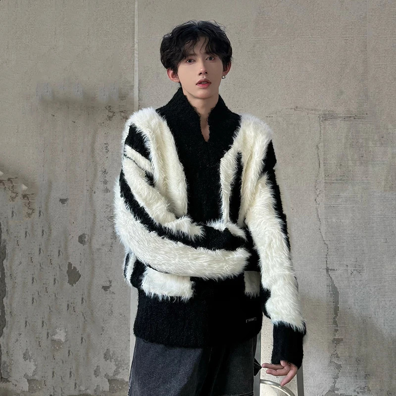 IEFB Niche n Mens Sweaters Vneck Patchwork Contrast Color Loose Pullovers Winter Trendy Male Knitting Top Chic 9C8395 250121