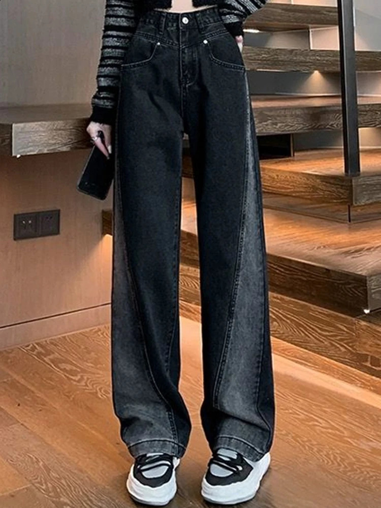 Woman High Waist Jeans Lady American High Street Patchwork Straight Leg Pants Black Gray Contrast Color Wide Leg Trousers 250118