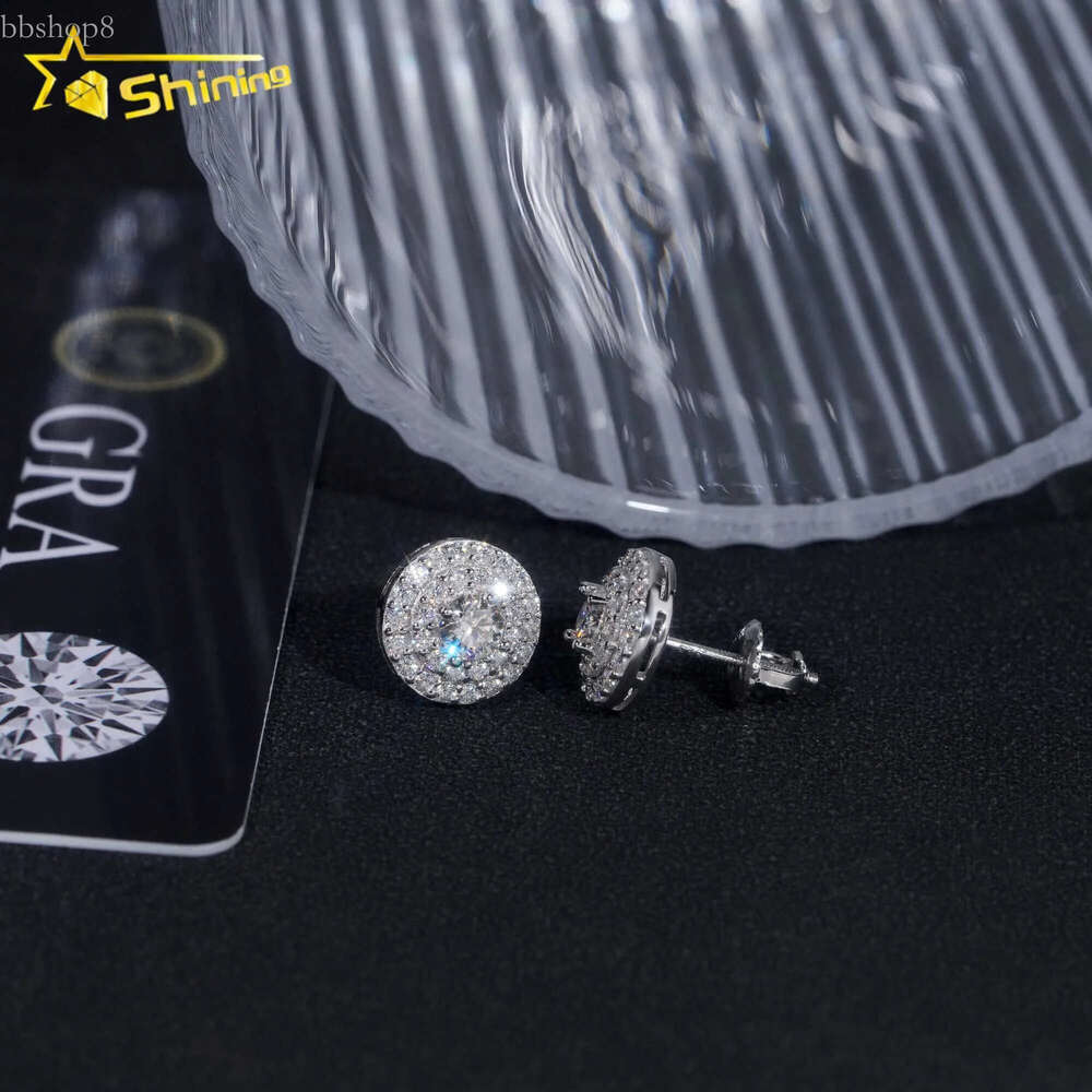 Pass Dia Tester Sterg Sier Round Cluster Iced Out Mens Moissanite Stud Earrings